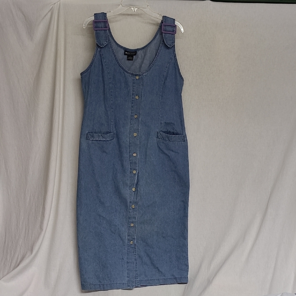 1980s Vintage Mizz Lizz Denim Midi Dress Pockets Buckle Straps Button Front L